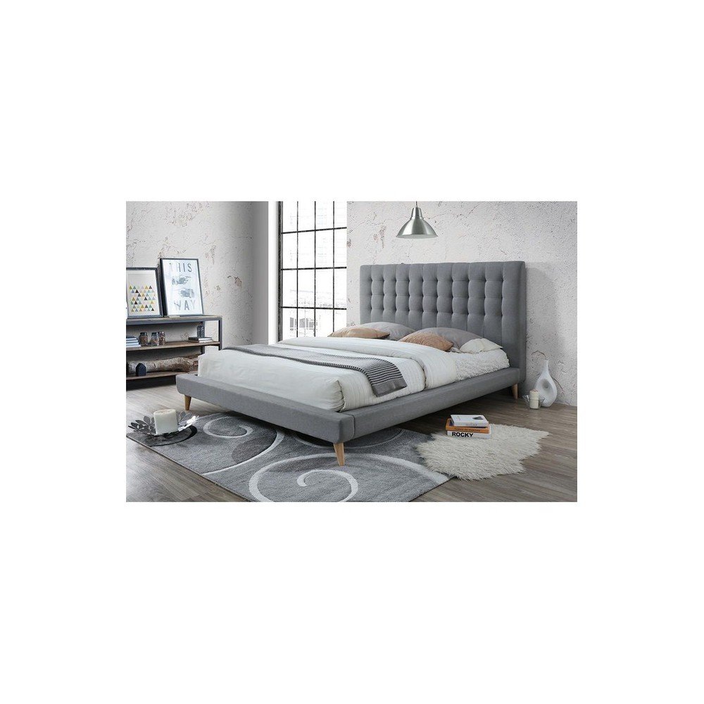 Eden - Cama queen estilo moderno con cabecera capitonada, color gris claro