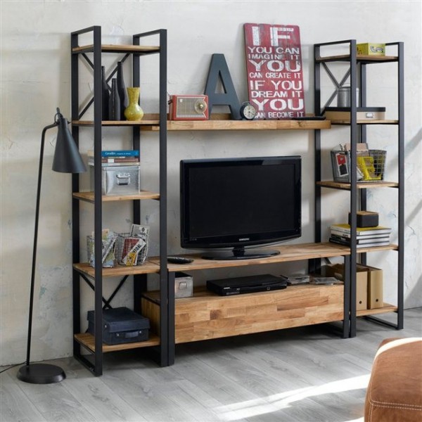 Vamos hipótesis Azul Luma - Mueble TV estilo industrial estructura de acero negro y madera de  encino.
